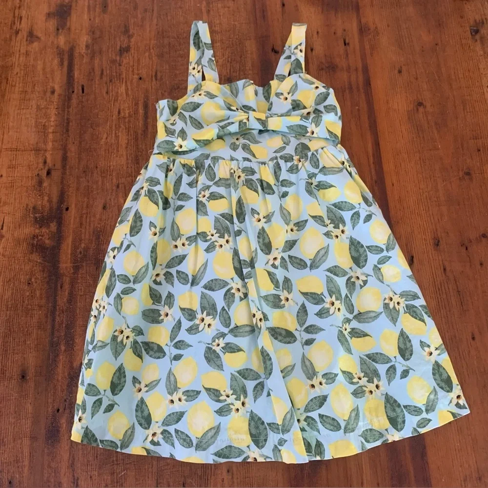 btween Girls Lemon Print Bow Bodice Smocked Back Cotton Babydoll Dress Sz 6